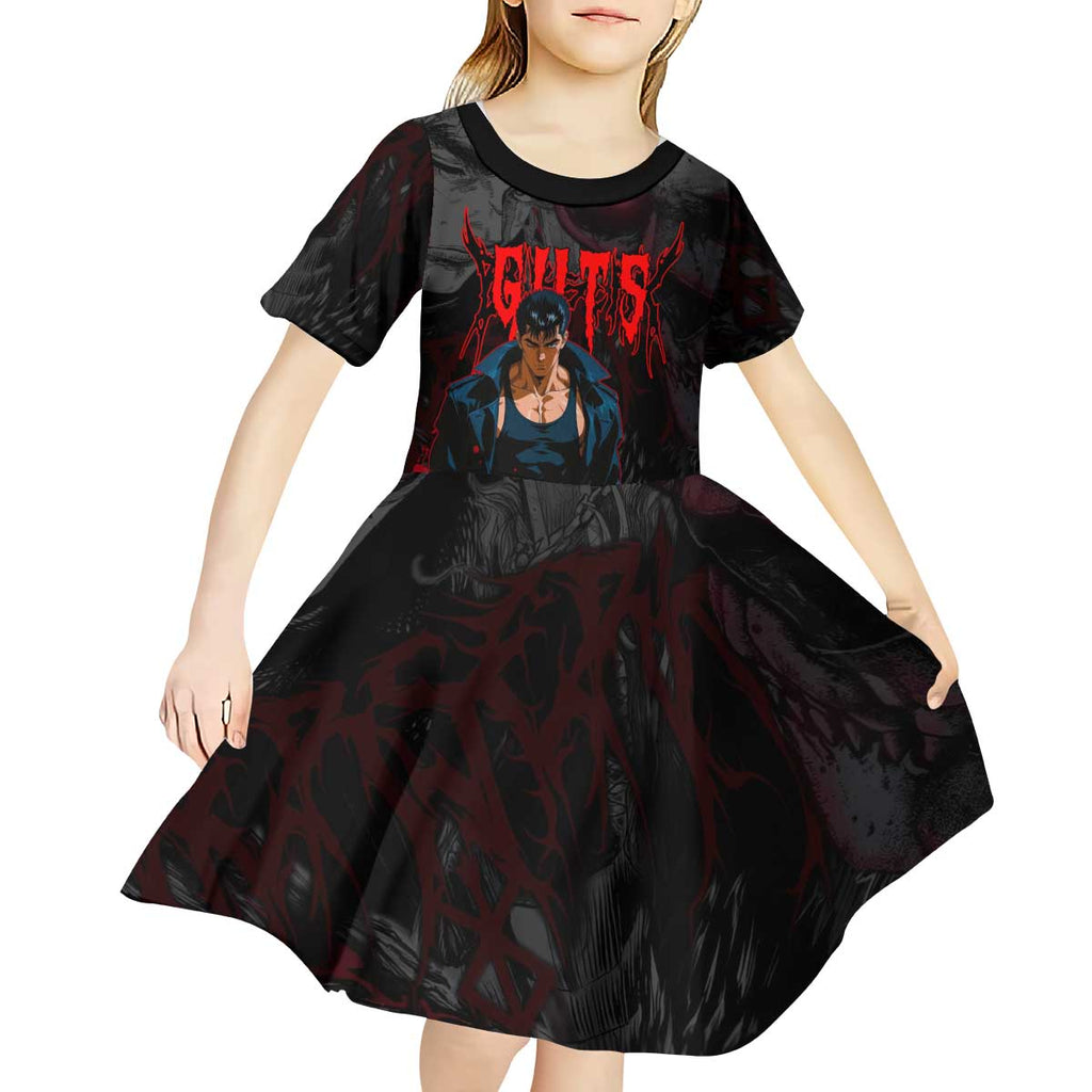 Guts Berserk Dark Theme Kid Short Sleeve Dress with Blood Splatter and Intense Warrior Expression Design - The Mazicc