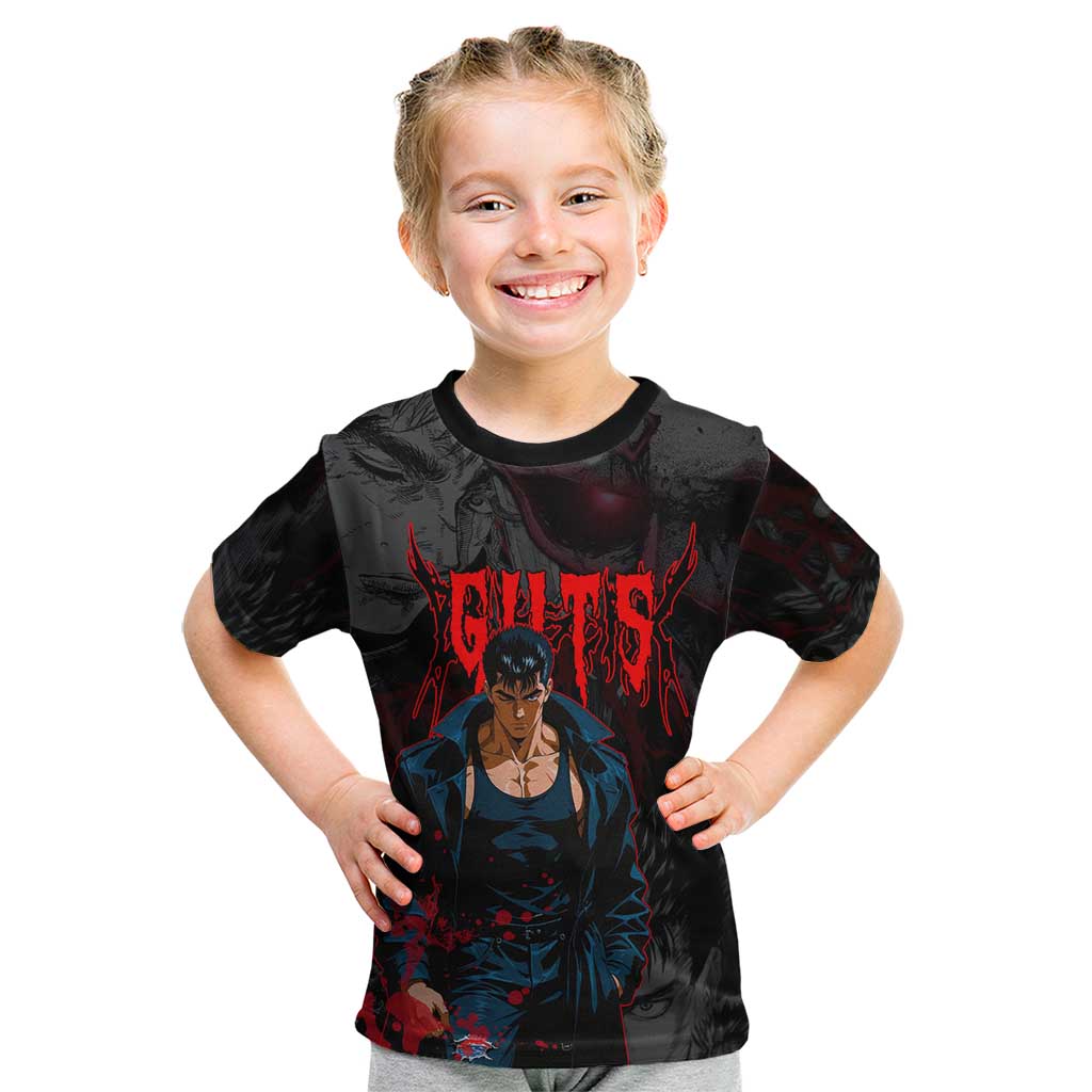 Guts Berserk Dark Theme Kid T Shirt with Blood Splatter and Intense Warrior Expression Design - The Mazicc