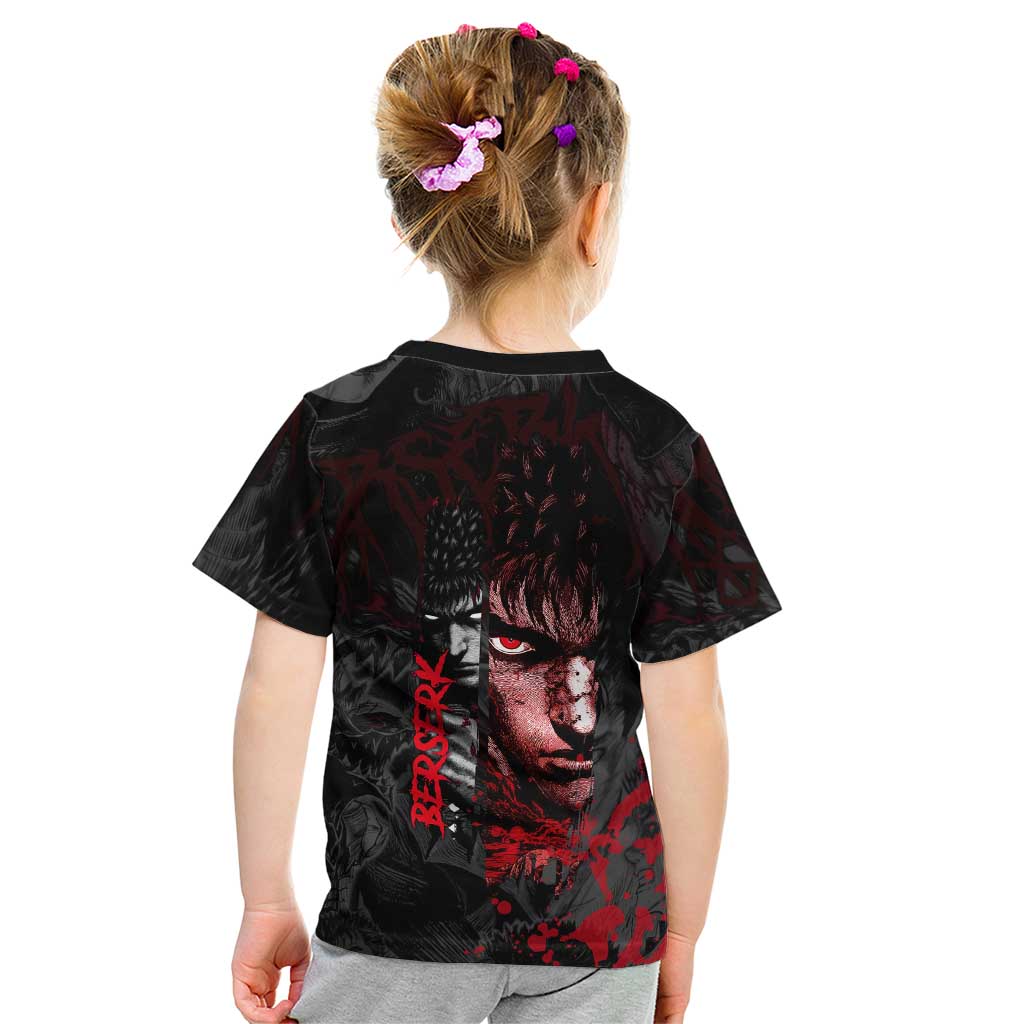 Guts Berserk Dark Theme Kid T Shirt with Blood Splatter and Intense Warrior Expression Design - The Mazicc