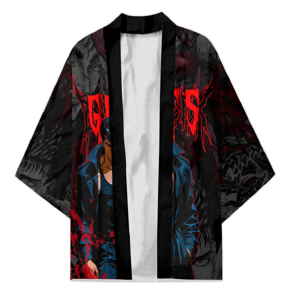Guts Berserk Dark Theme Kimono with Blood Splatter and Intense Warrior Expression Design - The Mazicc