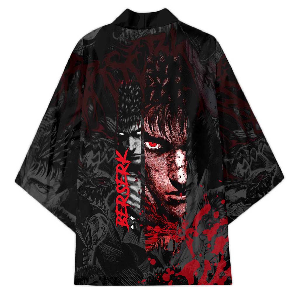 Guts Berserk Dark Theme Kimono with Blood Splatter and Intense Warrior Expression Design - The Mazicc