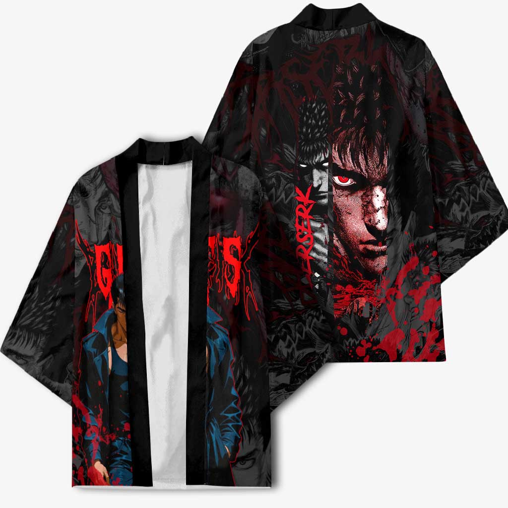 Guts Berserk Dark Theme Kimono with Blood Splatter and Intense Warrior Expression Design - The Mazicc
