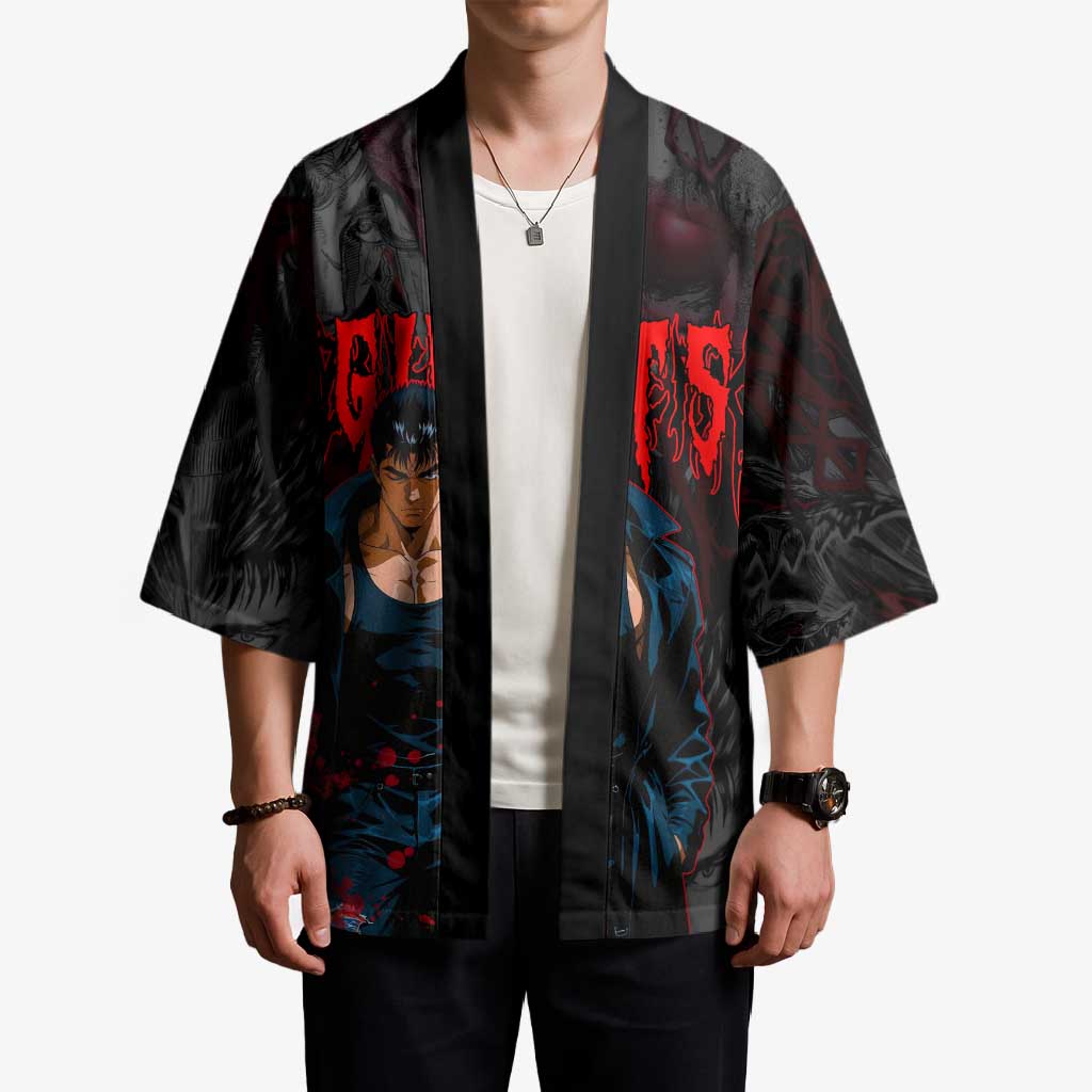 Guts Berserk Dark Theme Kimono with Blood Splatter and Intense Warrior Expression Design - The Mazicc