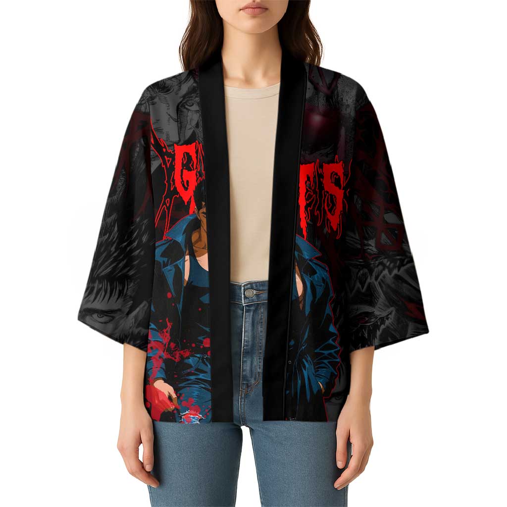 Guts Berserk Dark Theme Kimono with Blood Splatter and Intense Warrior Expression Design - The Mazicc