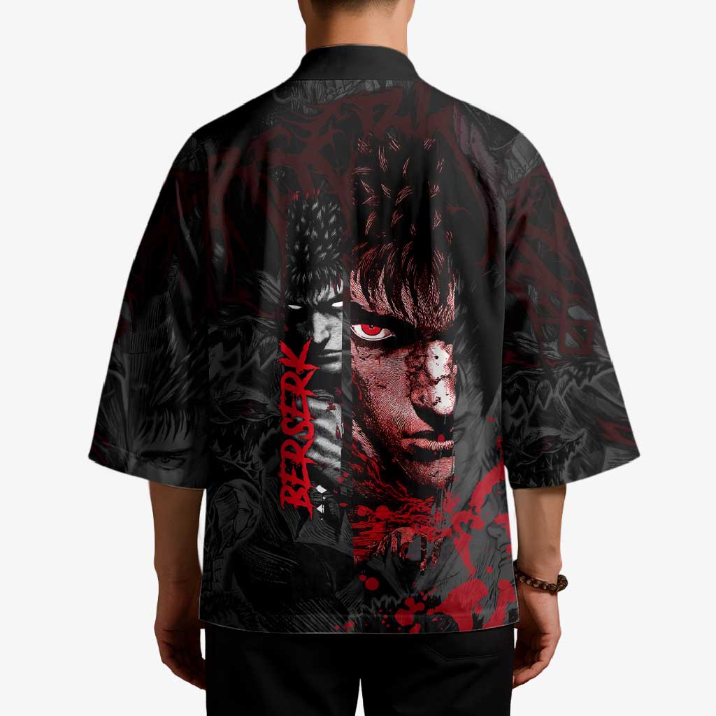 Guts Berserk Dark Theme Kimono with Blood Splatter and Intense Warrior Expression Design - The Mazicc