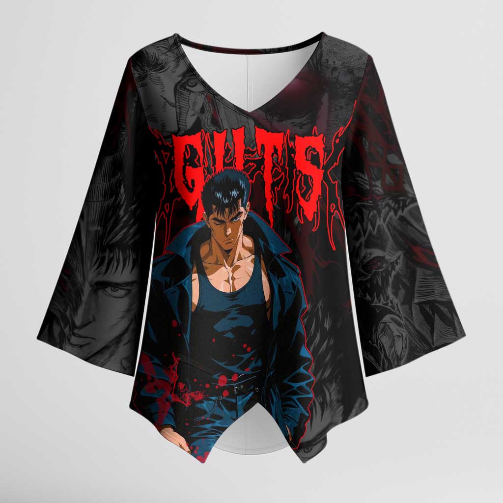 Guts Berserk Dark Theme Kimono Sleeve Blouse with Blood Splatter and Intense Warrior Expression Design - The Mazicc