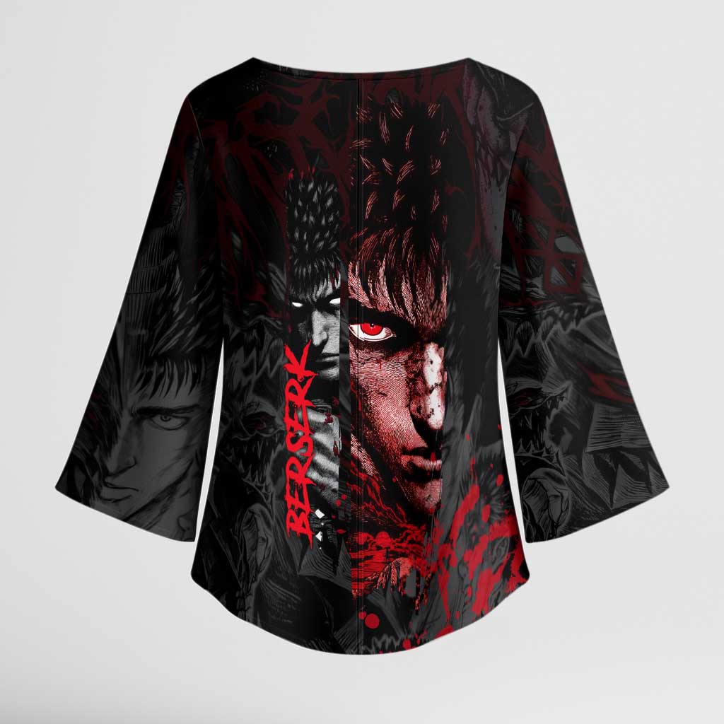 Guts Berserk Dark Theme Kimono Sleeve Blouse with Blood Splatter and Intense Warrior Expression Design - The Mazicc
