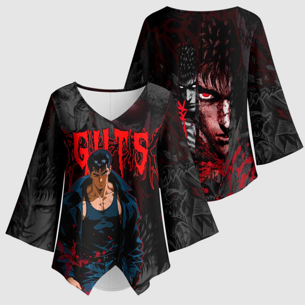 Guts Berserk Dark Theme Kimono Sleeve Blouse with Blood Splatter and Intense Warrior Expression Design - The Mazicc