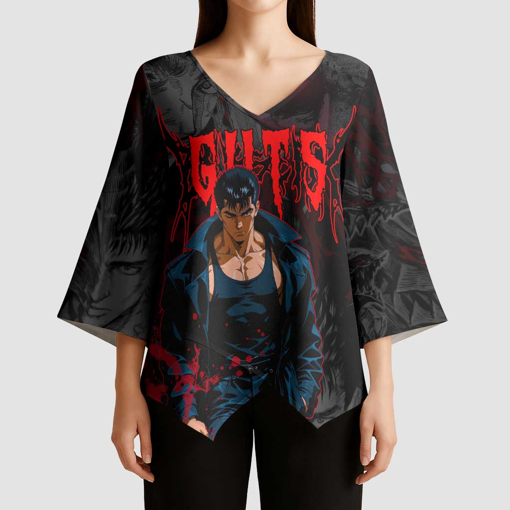 Guts Berserk Dark Theme Kimono Sleeve Blouse with Blood Splatter and Intense Warrior Expression Design - The Mazicc