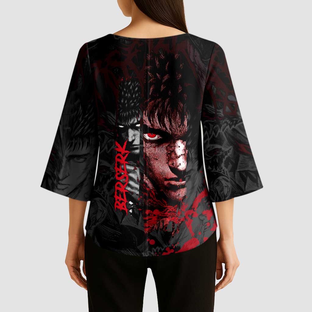 Guts Berserk Dark Theme Kimono Sleeve Blouse with Blood Splatter and Intense Warrior Expression Design - The Mazicc
