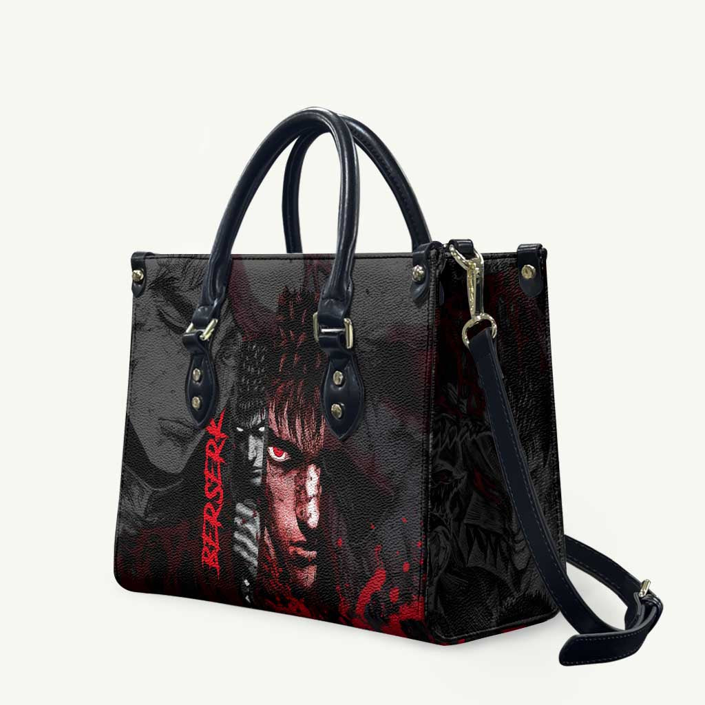 Guts Berserk Dark Theme Leather Bag with Blood Splatter and Intense Warrior Expression Design - The Mazicc