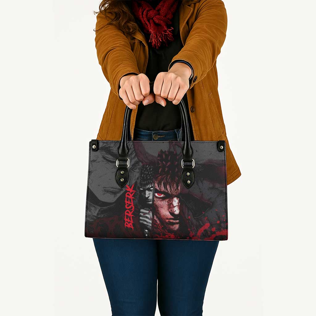 Guts Berserk Dark Theme Leather Bag with Blood Splatter and Intense Warrior Expression Design - The Mazicc