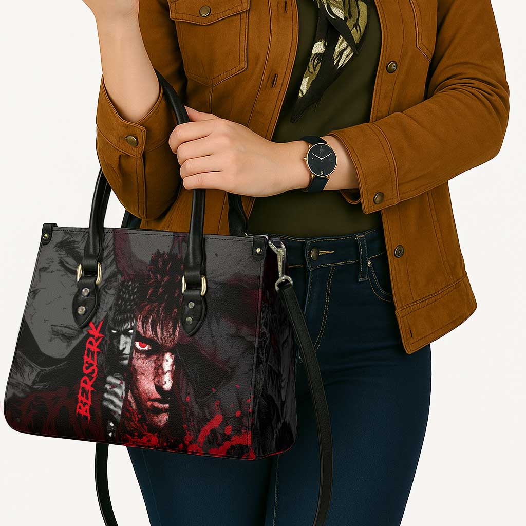 Guts Berserk Dark Theme Leather Bag with Blood Splatter and Intense Warrior Expression Design - The Mazicc