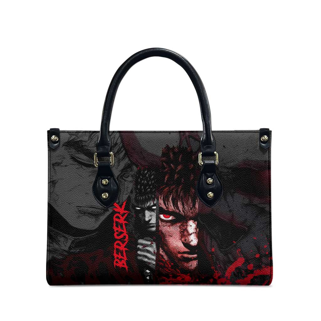Guts Berserk Dark Theme Leather Bag with Blood Splatter and Intense Warrior Expression Design - The Mazicc
