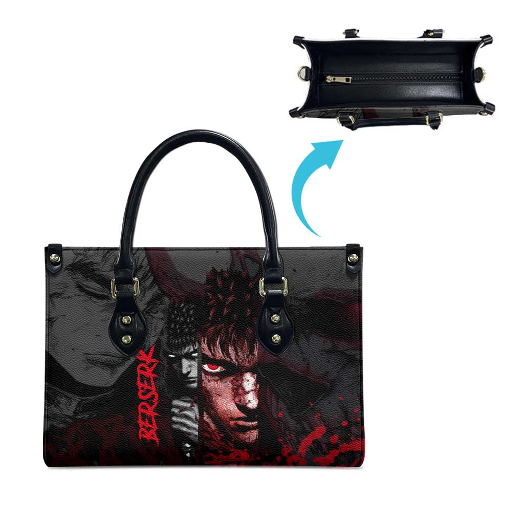 Guts Berserk Dark Theme Leather Bag with Blood Splatter and Intense Warrior Expression Design - The Mazicc