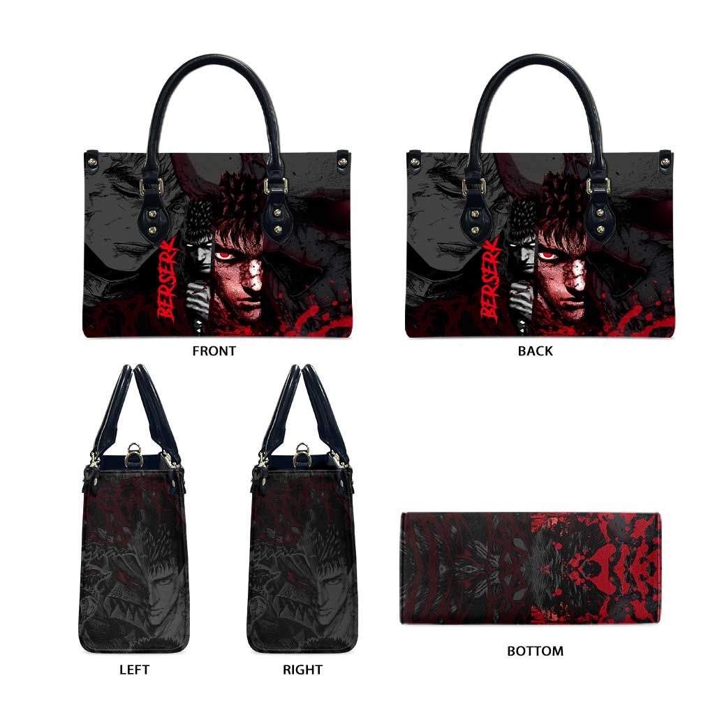 Guts Berserk Dark Theme Leather Bag with Blood Splatter and Intense Warrior Expression Design - The Mazicc