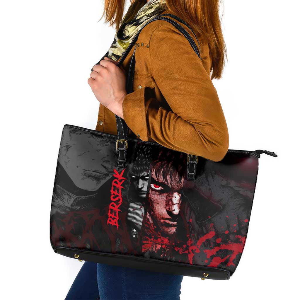 Guts Berserk Dark Theme Leather Tote Bag with Blood Splatter and Intense Warrior Expression Design - The Mazicc