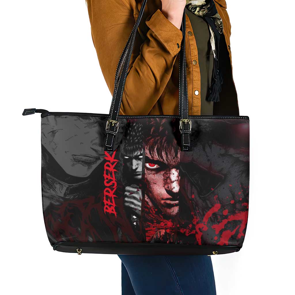 Guts Berserk Dark Theme Leather Tote Bag with Blood Splatter and Intense Warrior Expression Design - The Mazicc