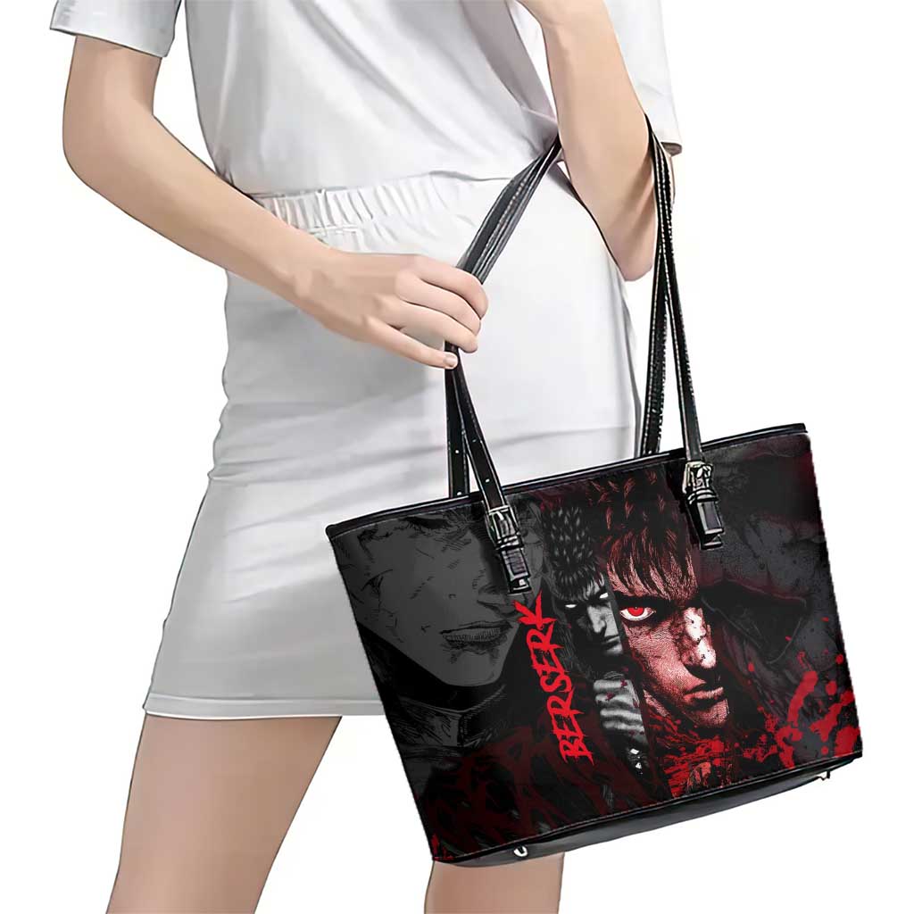 Guts Berserk Dark Theme Leather Tote Bag with Blood Splatter and Intense Warrior Expression Design - The Mazicc