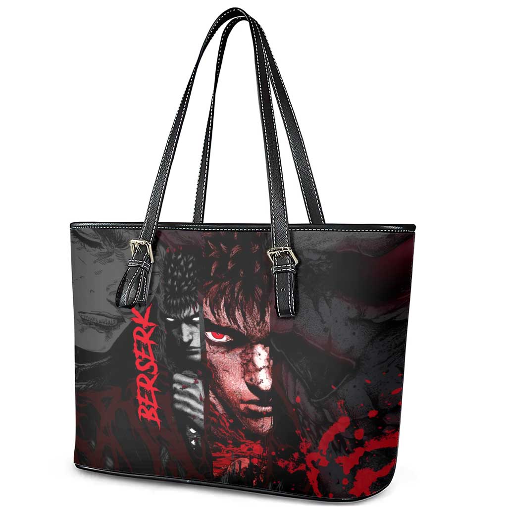 Guts Berserk Dark Theme Leather Tote Bag with Blood Splatter and Intense Warrior Expression Design - The Mazicc