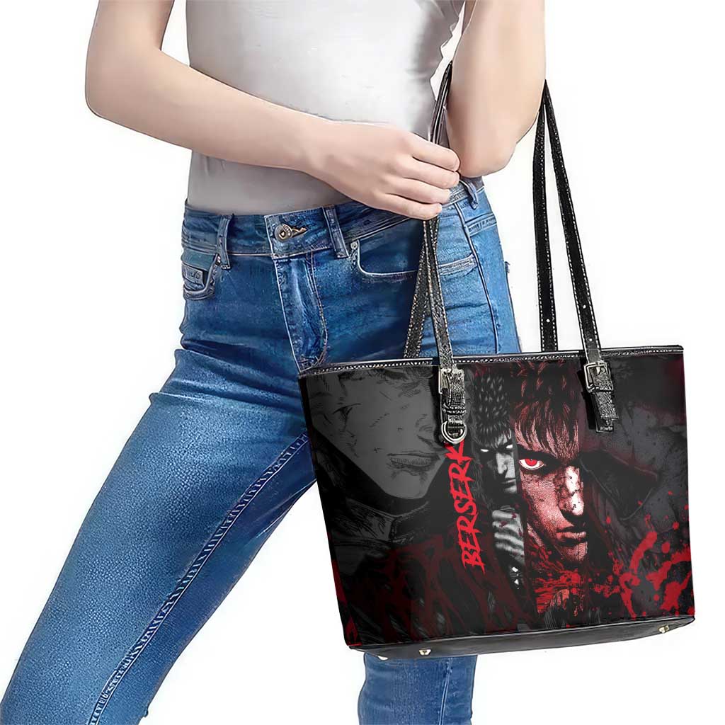 Guts Berserk Dark Theme Leather Tote Bag with Blood Splatter and Intense Warrior Expression Design - The Mazicc