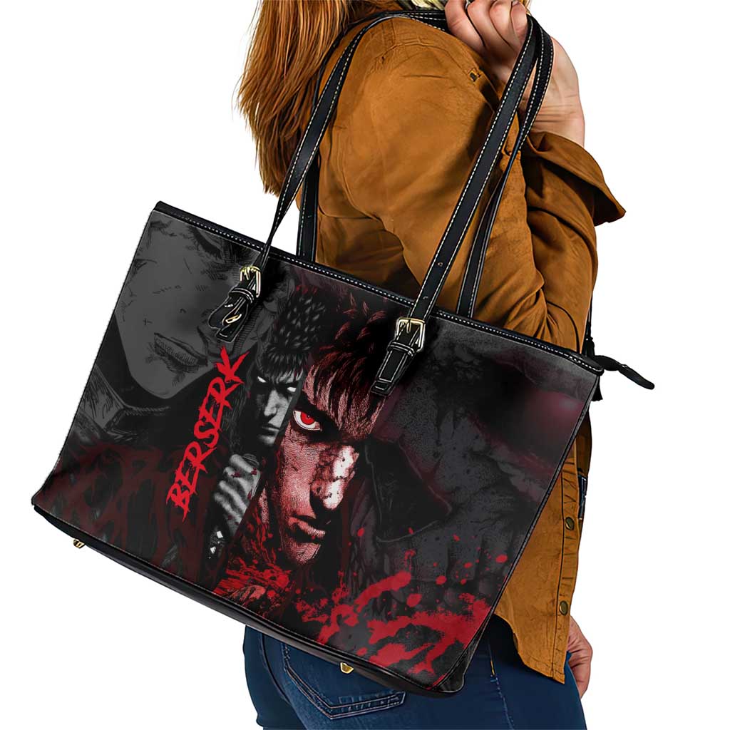 Guts Berserk Dark Theme Leather Tote Bag with Blood Splatter and Intense Warrior Expression Design - The Mazicc