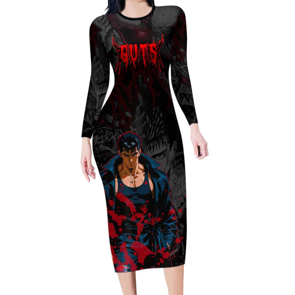Guts Berserk Dark Theme Long Sleeve Bodycon Dress with Blood Splatter and Intense Warrior Expression Design - The Mazicc