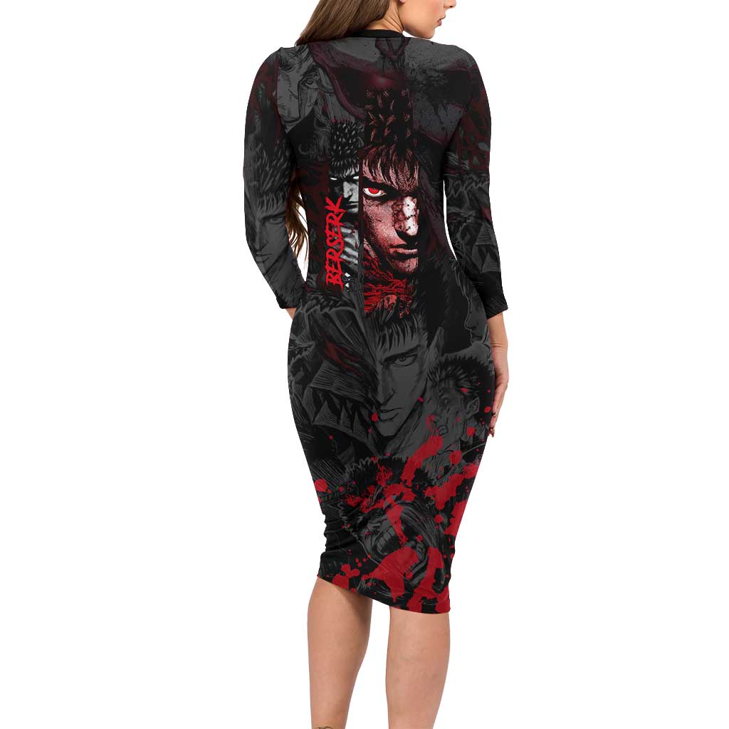 Guts Berserk Dark Theme Long Sleeve Bodycon Dress with Blood Splatter and Intense Warrior Expression Design - The Mazicc