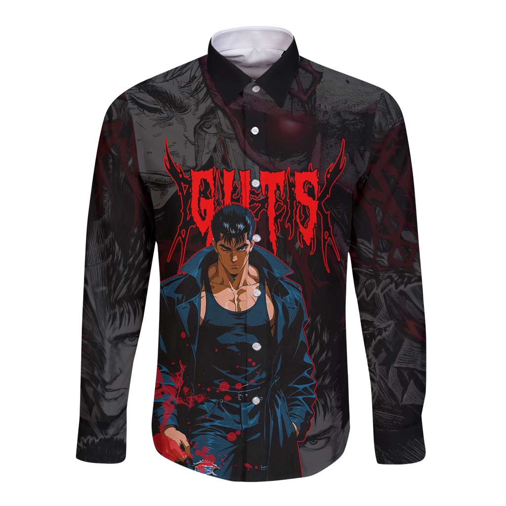 Guts Berserk Dark Theme Long Sleeve Button Shirt with Blood Splatter and Intense Warrior Expression Design - The Mazicc