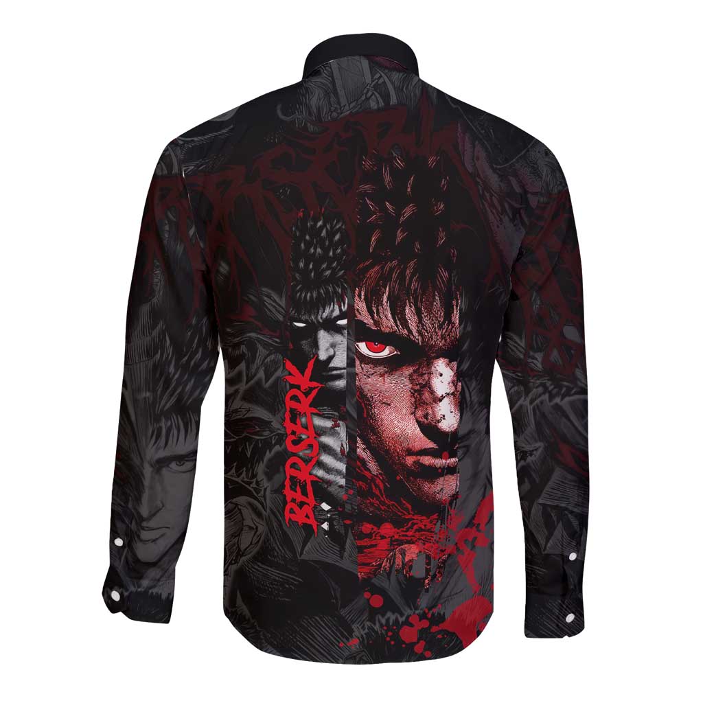 Guts Berserk Dark Theme Long Sleeve Button Shirt with Blood Splatter and Intense Warrior Expression Design - The Mazicc