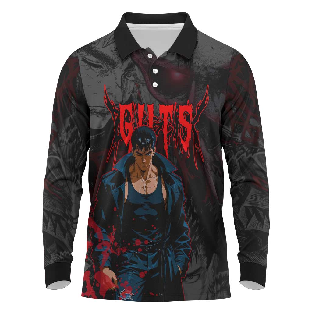 Guts Berserk Dark Theme Long Sleeve Polo Shirt with Blood Splatter and Intense Warrior Expression Design - The Mazicc