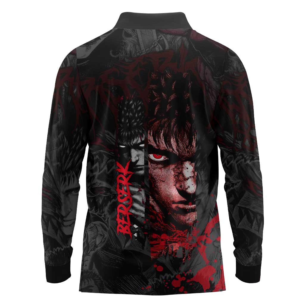 Guts Berserk Dark Theme Long Sleeve Polo Shirt with Blood Splatter and Intense Warrior Expression Design - The Mazicc