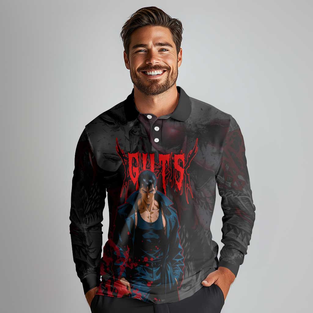 Guts Berserk Dark Theme Long Sleeve Polo Shirt with Blood Splatter and Intense Warrior Expression Design - The Mazicc
