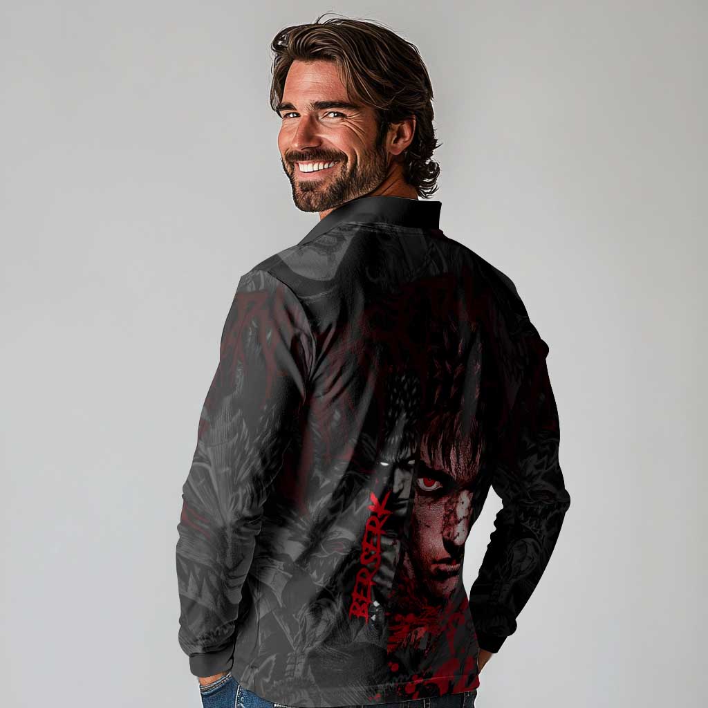 Guts Berserk Dark Theme Long Sleeve Polo Shirt with Blood Splatter and Intense Warrior Expression Design - The Mazicc