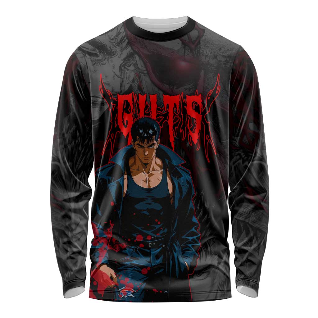 Guts Berserk Dark Theme Long Sleeve Shirt with Blood Splatter and Intense Warrior Expression Design - The Mazicc