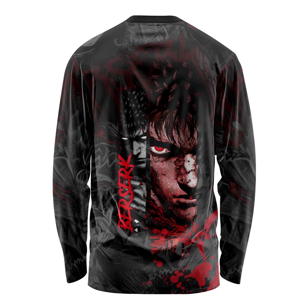 Guts Berserk Dark Theme Long Sleeve Shirt with Blood Splatter and Intense Warrior Expression Design - The Mazicc
