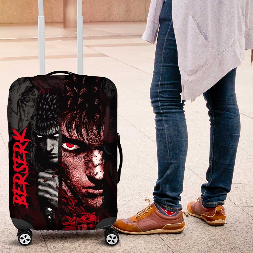 Guts Berserk Dark Theme Luggage Cover with Blood Splatter and Intense Warrior Expression Design - The Mazicc