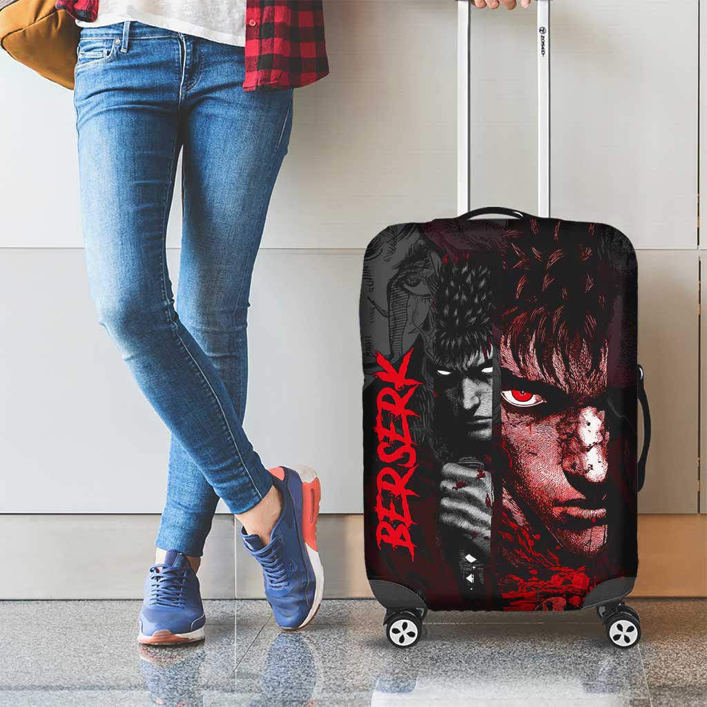 Guts Berserk Dark Theme Luggage Cover with Blood Splatter and Intense Warrior Expression Design - The Mazicc