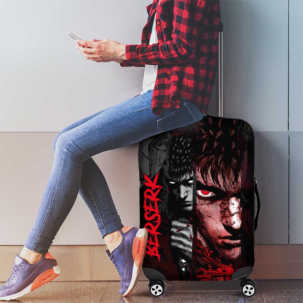 Guts Berserk Dark Theme Luggage Cover with Blood Splatter and Intense Warrior Expression Design - The Mazicc