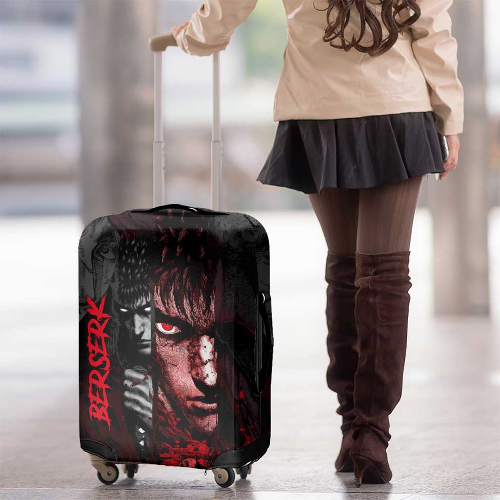 Guts Berserk Dark Theme Luggage Cover with Blood Splatter and Intense Warrior Expression Design - The Mazicc