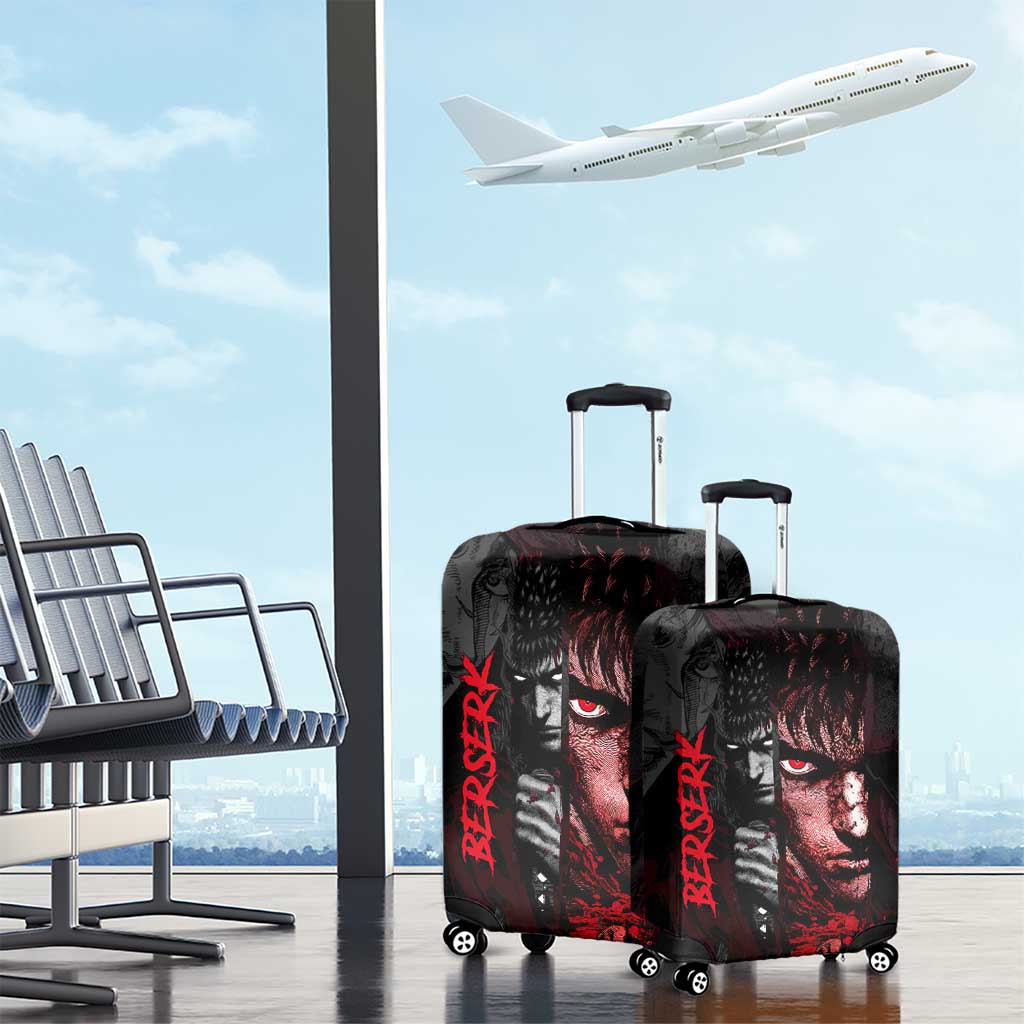 Guts Berserk Dark Theme Luggage Cover with Blood Splatter and Intense Warrior Expression Design - The Mazicc