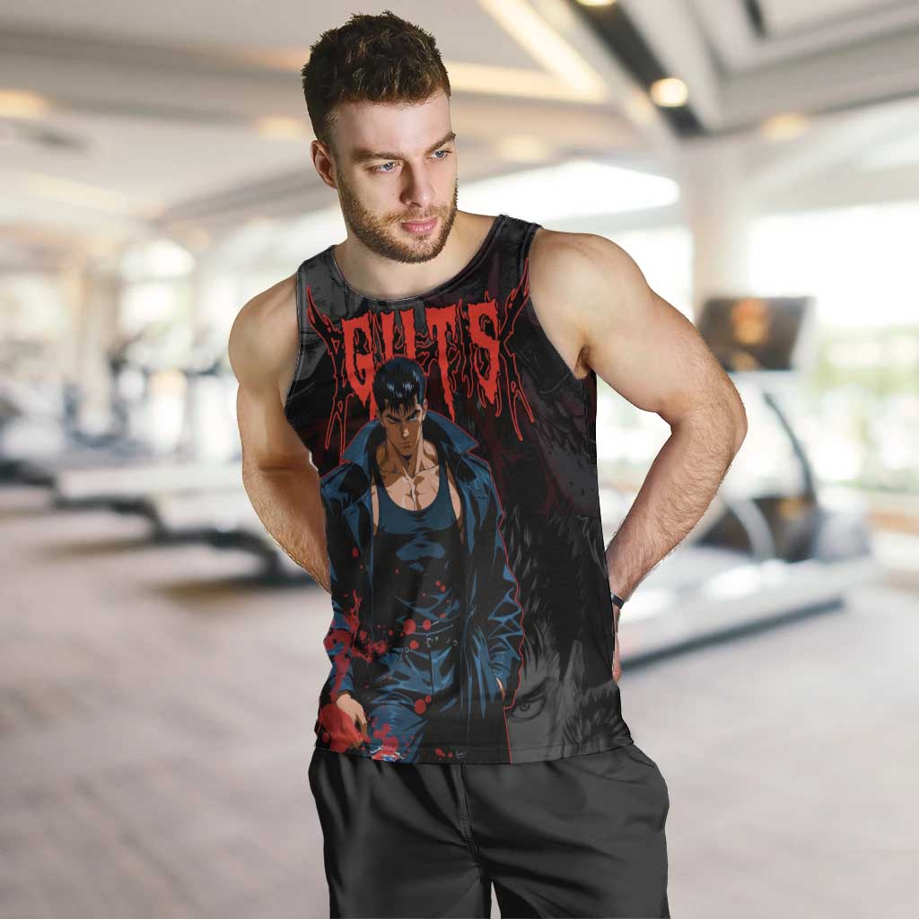 Guts Berserk Dark Theme Men Tank Top with Blood Splatter and Intense Warrior Expression Design - The Mazicc