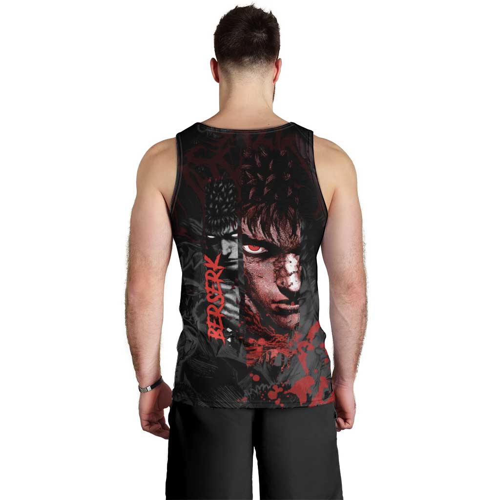 Guts Berserk Dark Theme Men Tank Top with Blood Splatter and Intense Warrior Expression Design - The Mazicc