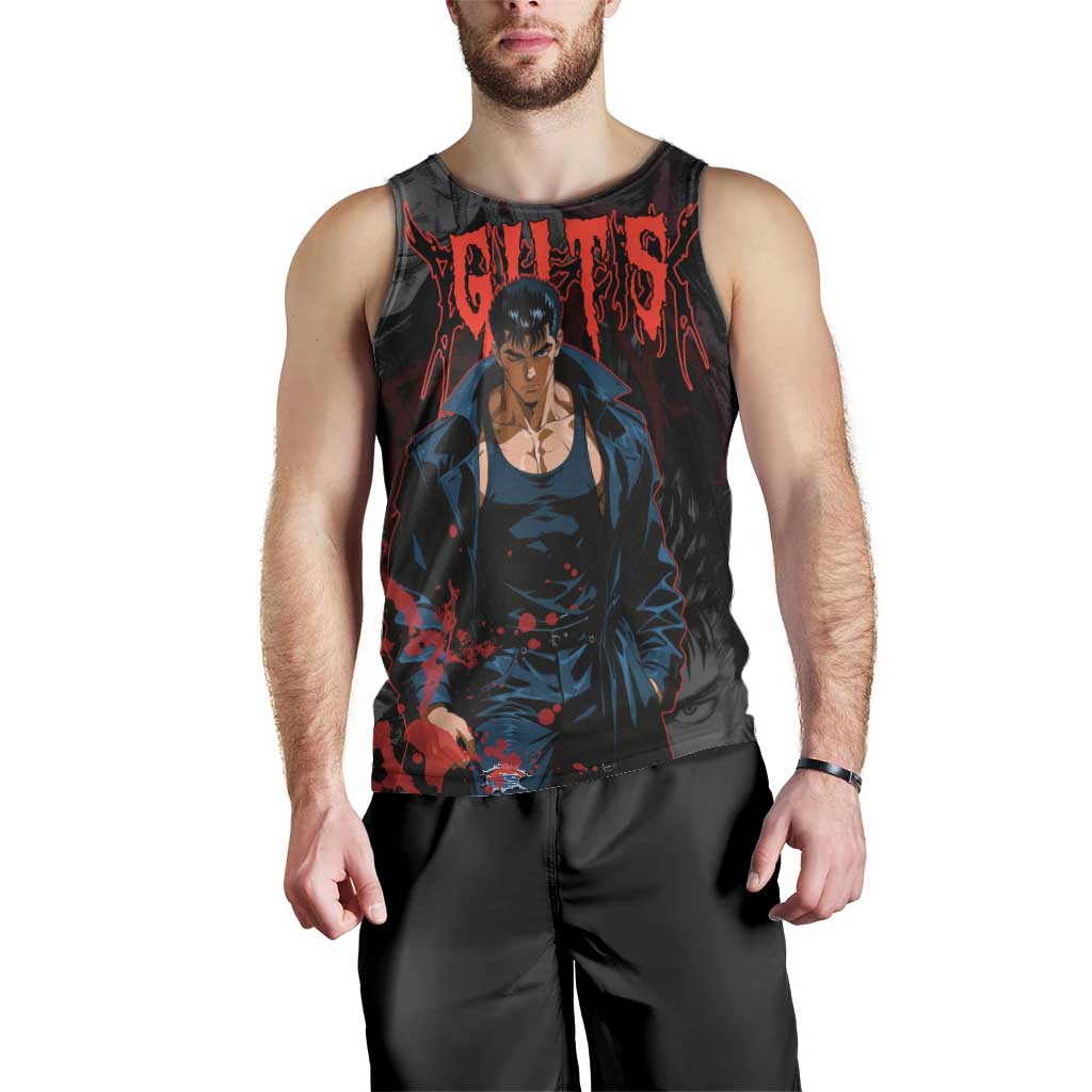 Guts Berserk Dark Theme Men Tank Top with Blood Splatter and Intense Warrior Expression Design - The Mazicc