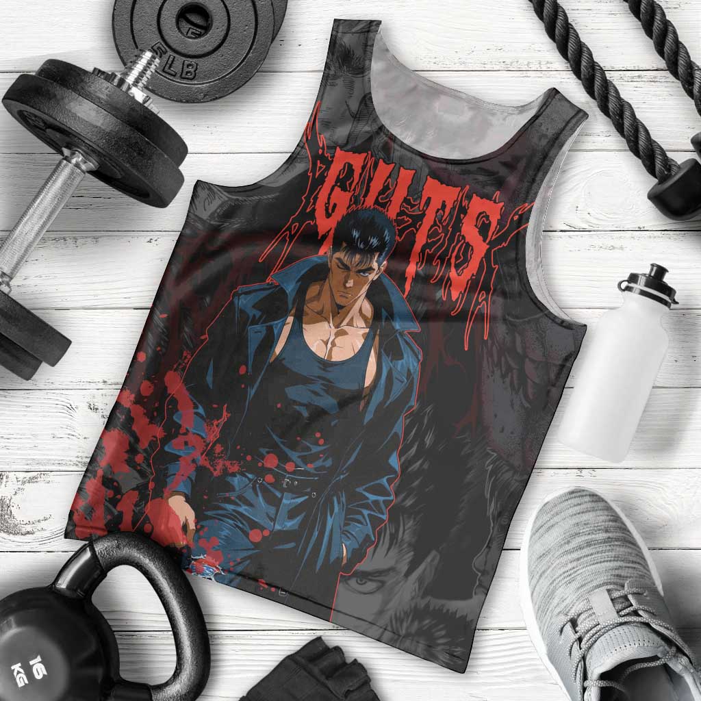 Guts Berserk Dark Theme Men Tank Top with Blood Splatter and Intense Warrior Expression Design - The Mazicc