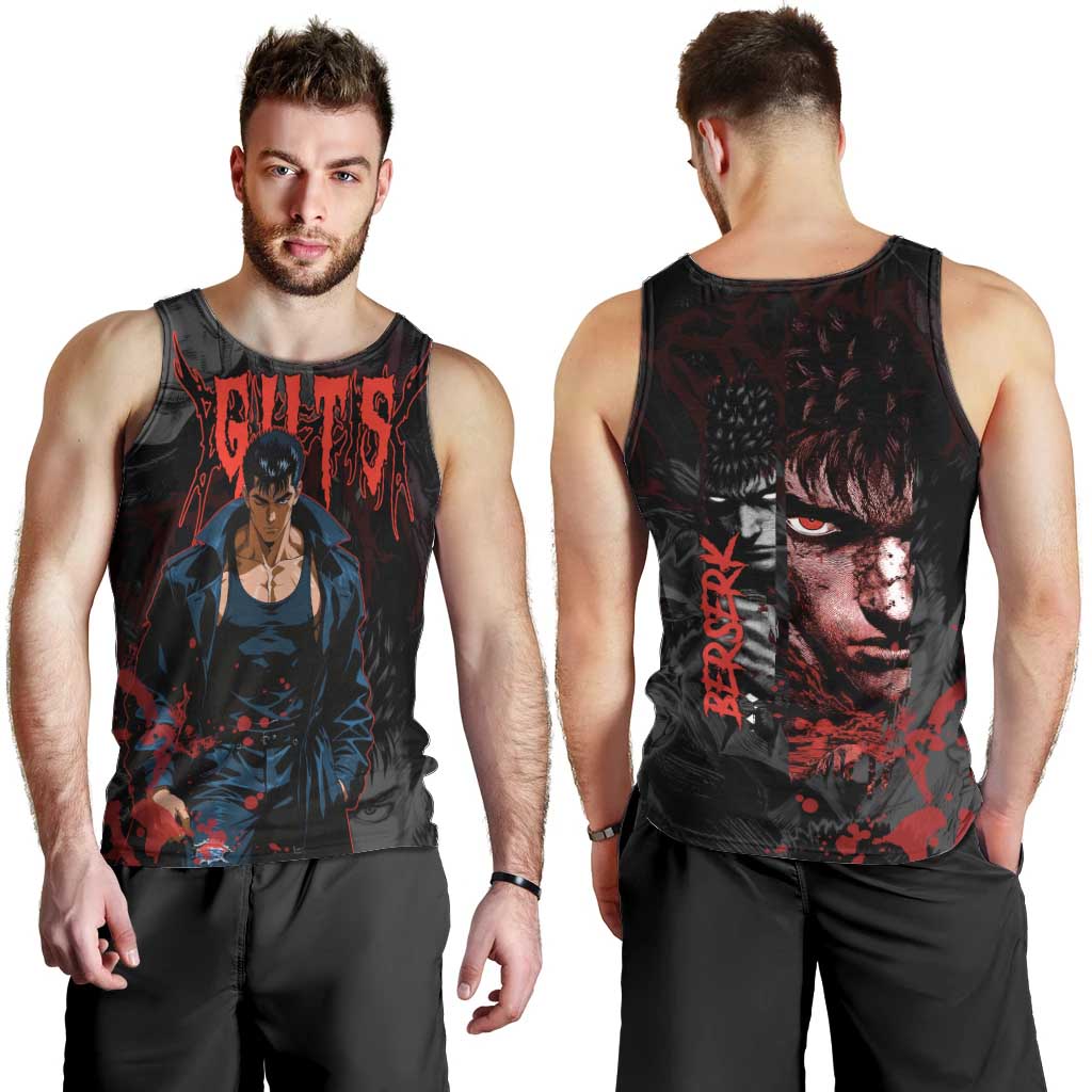 Guts Berserk Dark Theme Men Tank Top with Blood Splatter and Intense Warrior Expression Design - The Mazicc
