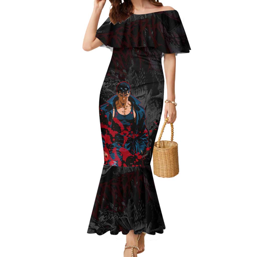 Guts Berserk Dark Theme Mermaid Dress with Blood Splatter and Intense Warrior Expression Design - The Mazicc