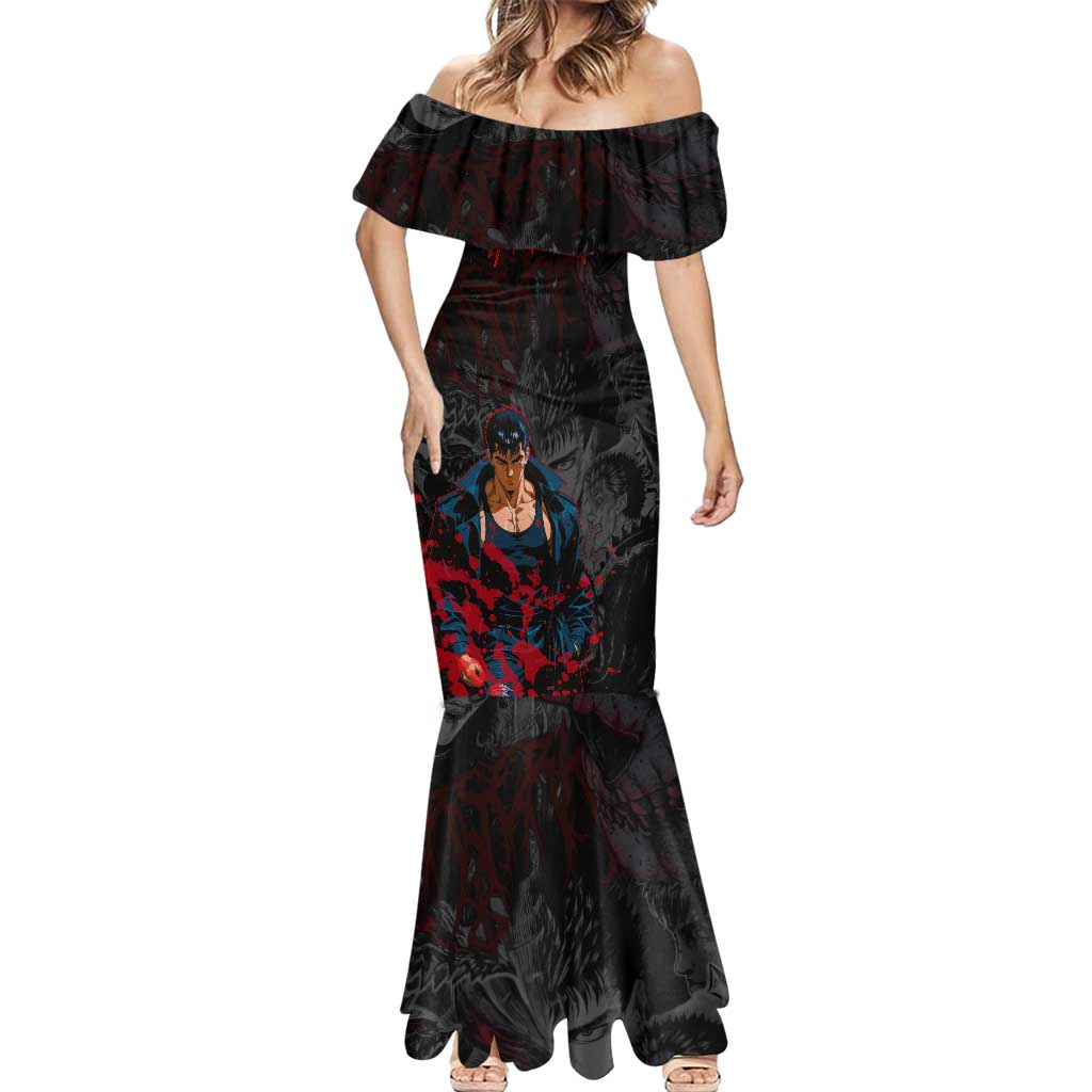 Guts Berserk Dark Theme Mermaid Dress with Blood Splatter and Intense Warrior Expression Design - The Mazicc