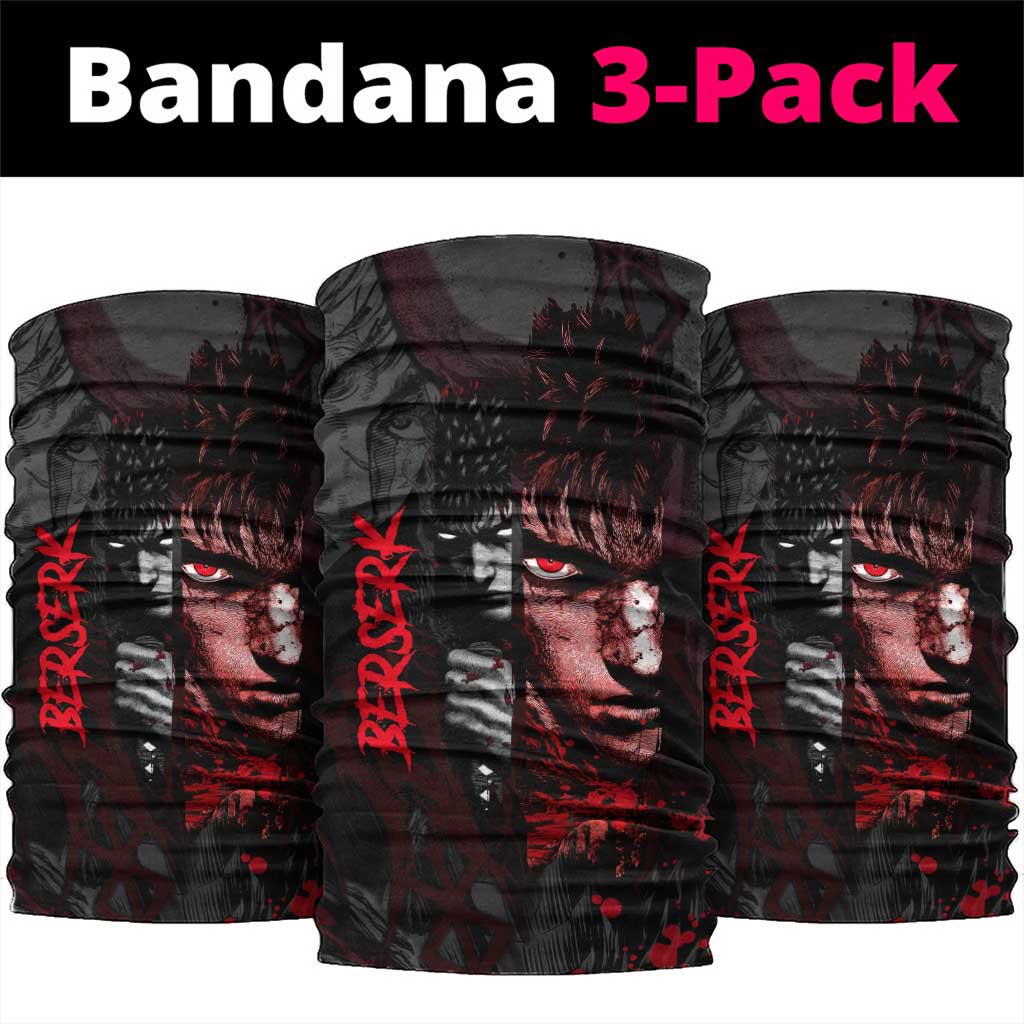 Guts Berserk Dark Theme Neck Gaiter with Blood Splatter and Intense Warrior Expression Design - The Mazicc