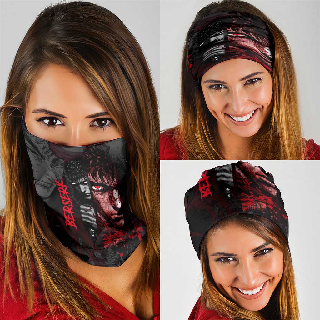 Guts Berserk Dark Theme Neck Gaiter with Blood Splatter and Intense Warrior Expression Design - The Mazicc